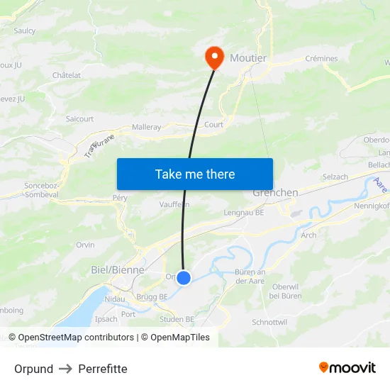 Orpund to Perrefitte map