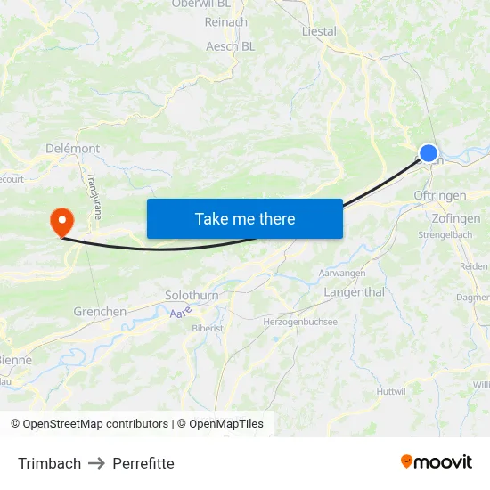 Trimbach to Perrefitte map
