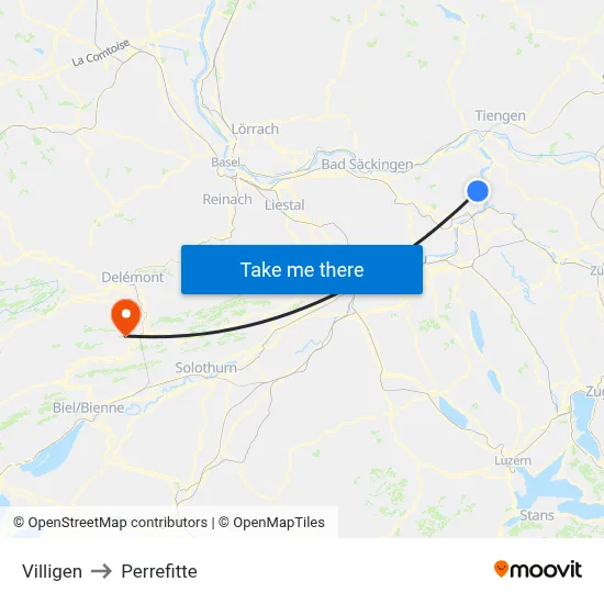 Villigen to Perrefitte map