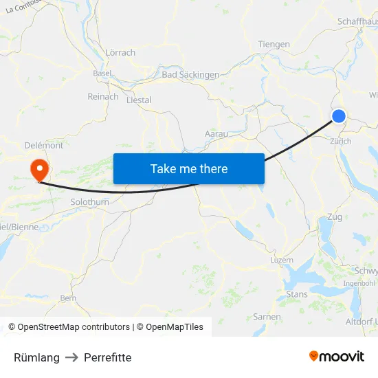 Rümlang to Perrefitte map