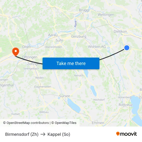 Birmensdorf (Zh) to Kappel (So) map
