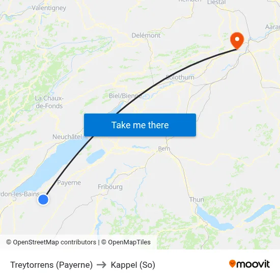 Treytorrens (Payerne) to Kappel (So) map