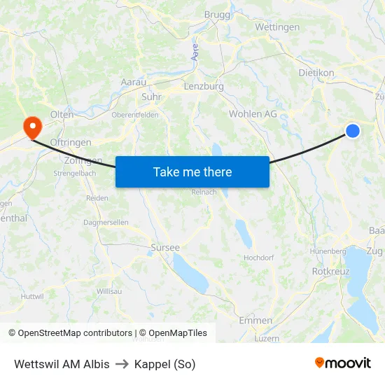 Wettswil AM Albis to Kappel (So) map