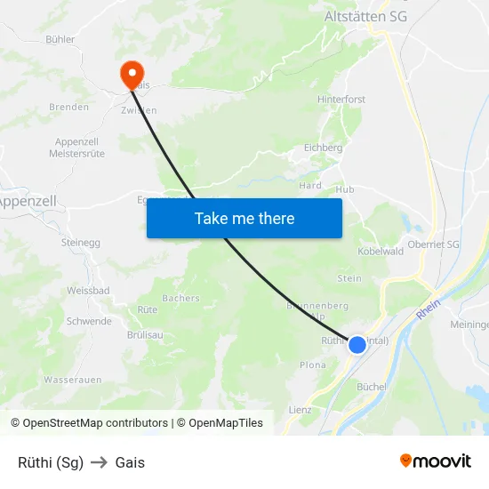 Rüthi (Sg) to Gais map