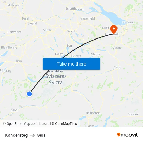 Kandersteg to Gais map