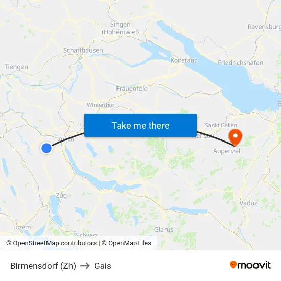 Birmensdorf (Zh) to Gais map