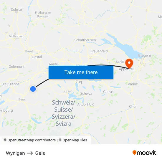 Wynigen to Gais map