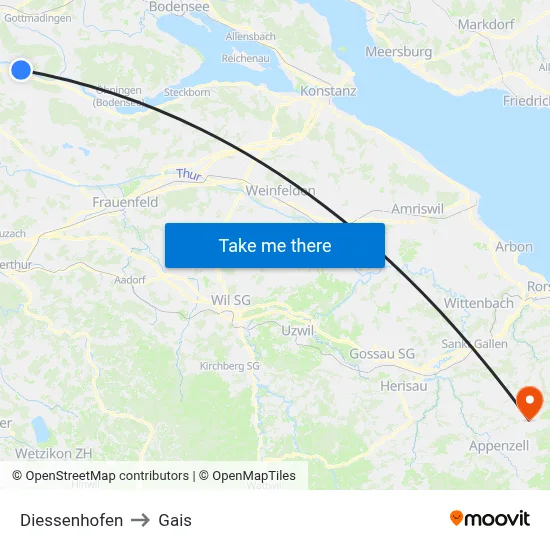 Diessenhofen to Gais map