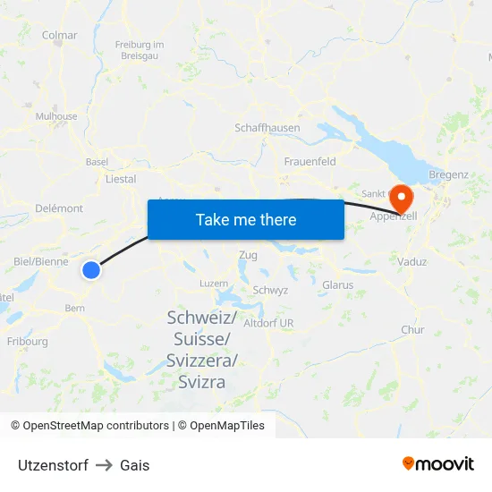 Utzenstorf to Gais map
