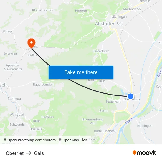 Oberriet to Gais map