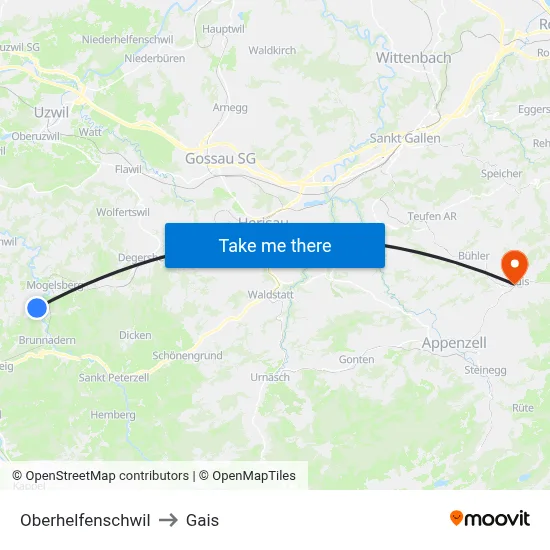 Oberhelfenschwil to Gais map