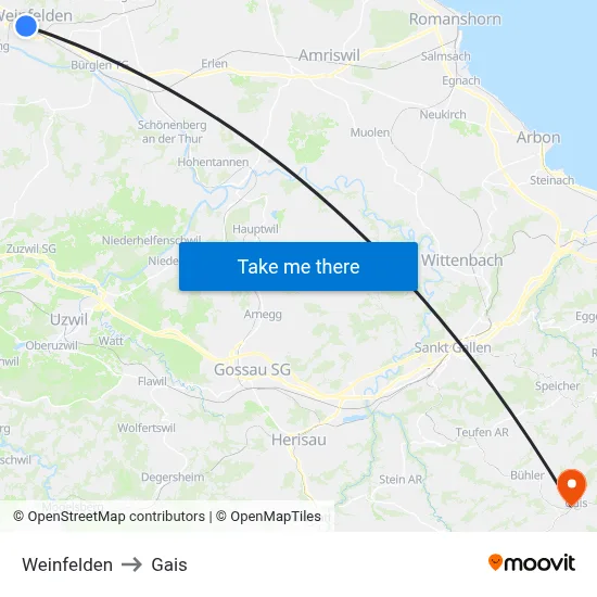 Weinfelden to Gais map