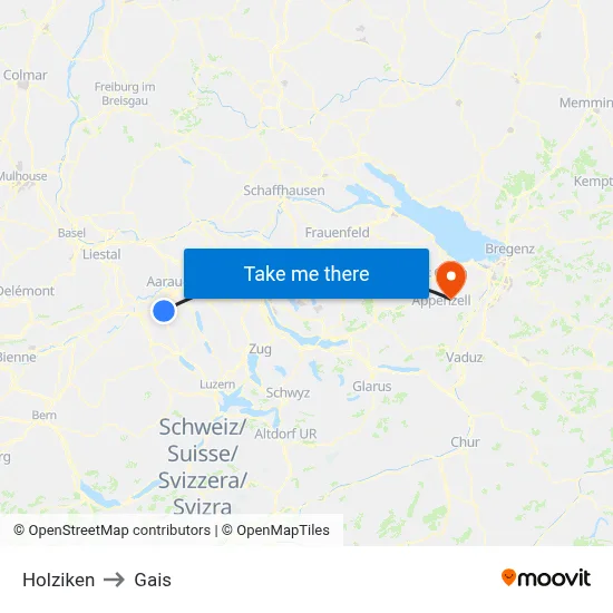 Holziken to Gais map