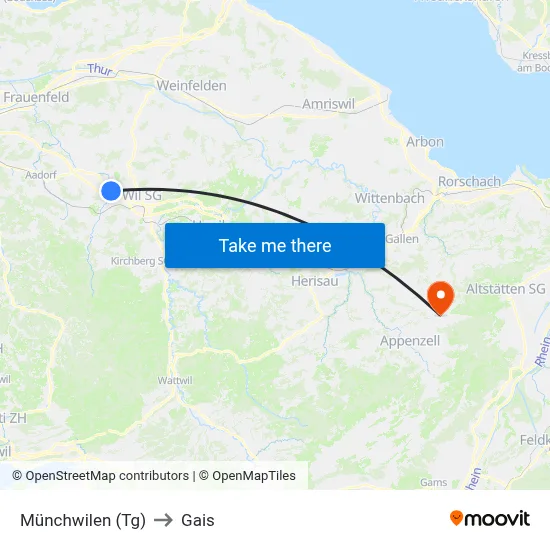 Münchwilen (Tg) to Gais map