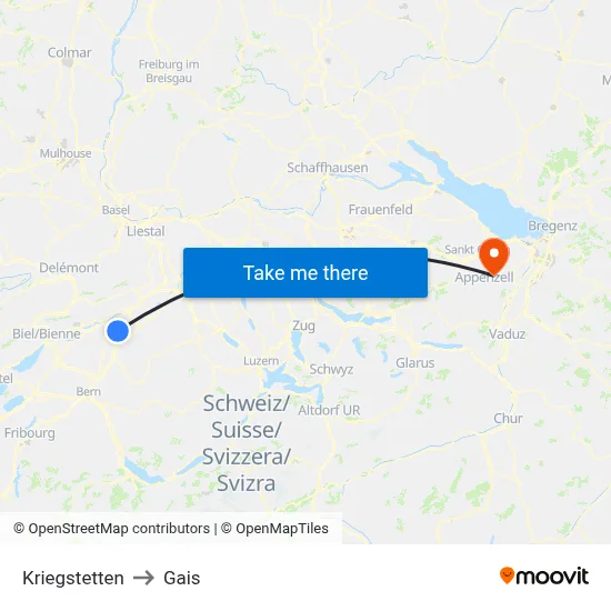 Kriegstetten to Gais map
