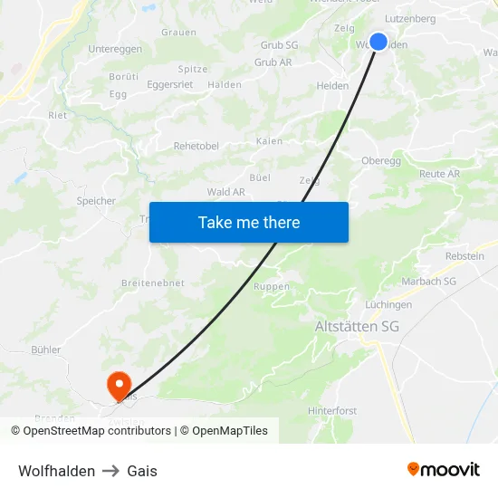 Wolfhalden to Gais map