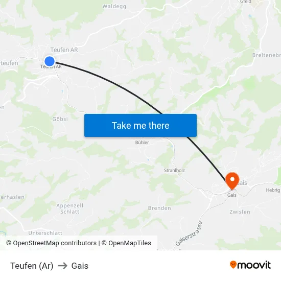 Teufen (Ar) to Gais map