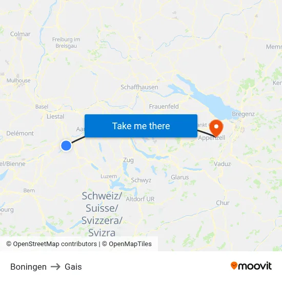 Boningen to Gais map