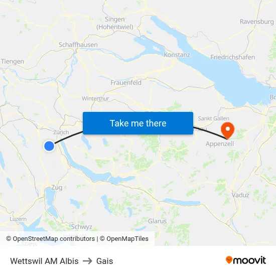 Wettswil AM Albis to Gais map