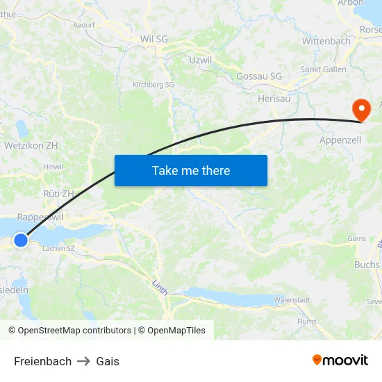Freienbach to Gais map
