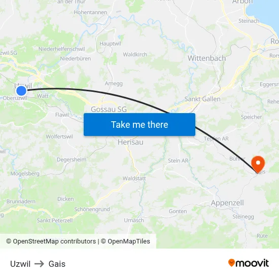 Uzwil to Gais map