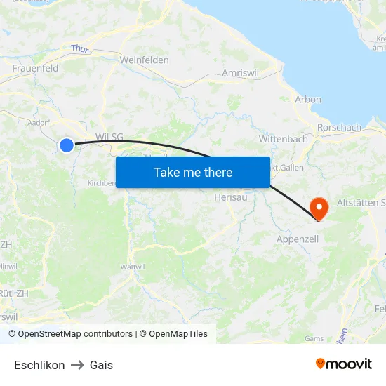 Eschlikon to Gais map