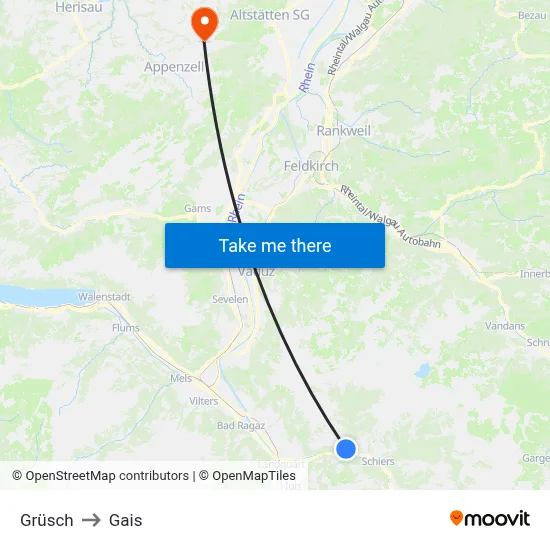 Grüsch to Gais map