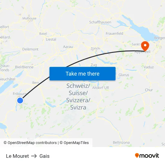 Le Mouret to Gais map