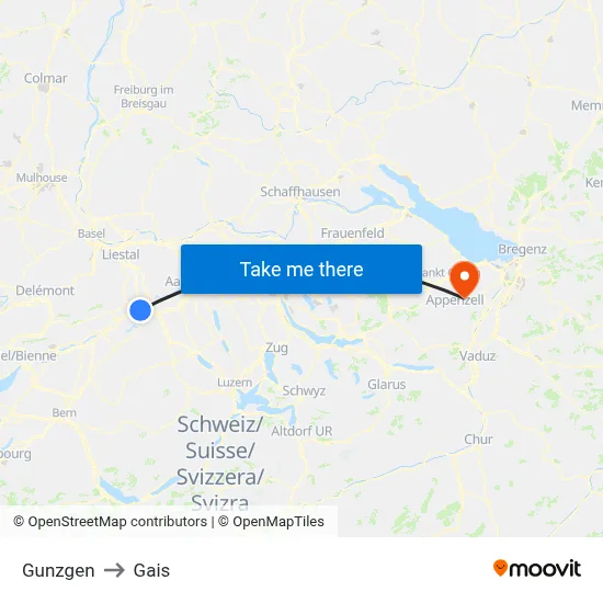 Gunzgen to Gais map