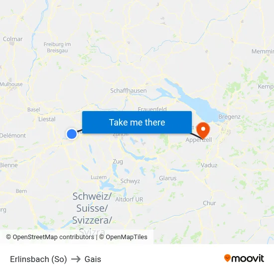 Erlinsbach (So) to Gais map
