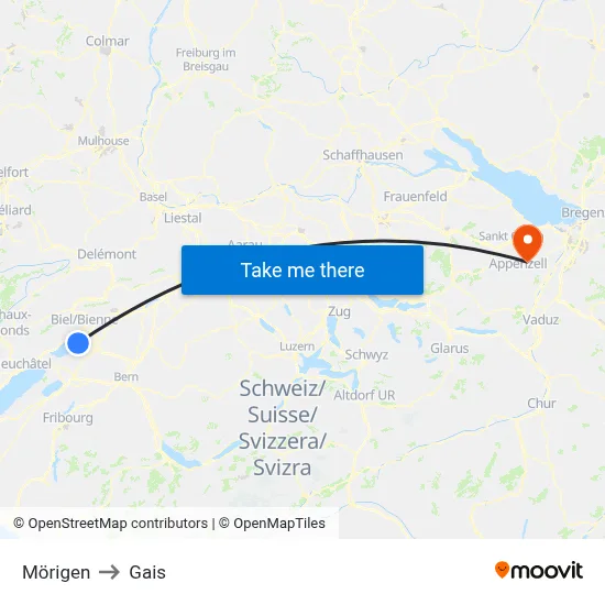 Mörigen to Gais map