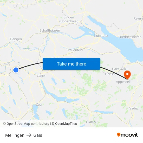 Mellingen to Gais map