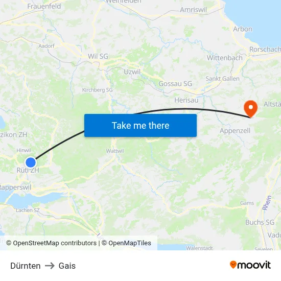 Dürnten to Gais map