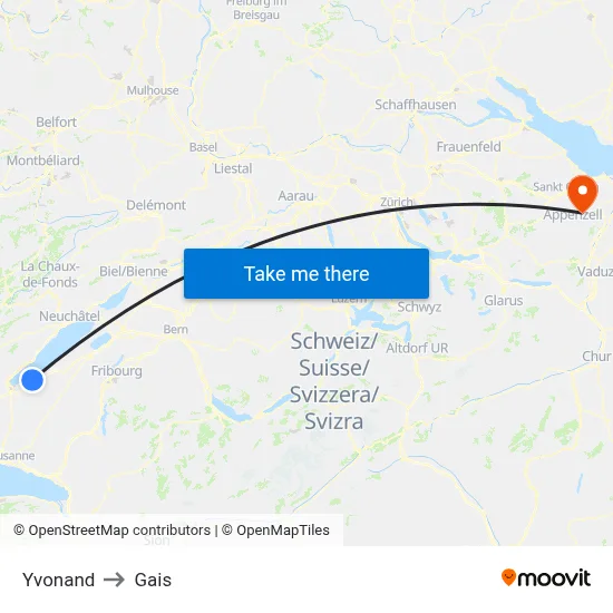 Yvonand to Gais map