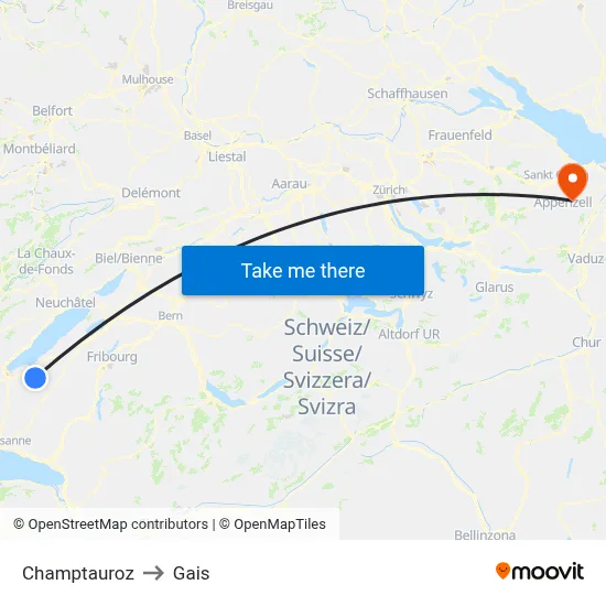 Champtauroz to Gais map