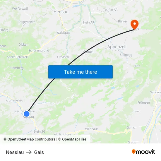 Nesslau to Gais map
