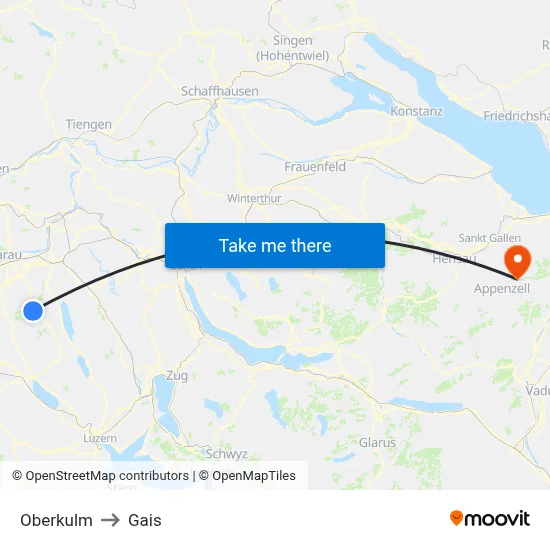 Oberkulm to Gais map