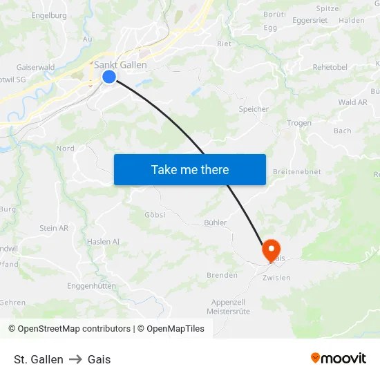 St. Gallen to Gais map