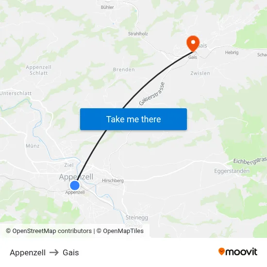 Appenzell to Gais map