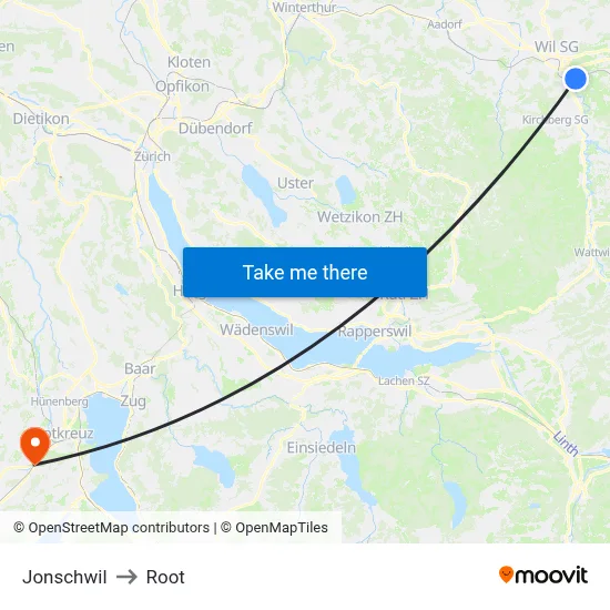 Jonschwil to Root map