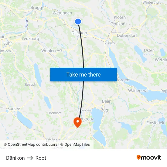 Dänikon to Root map