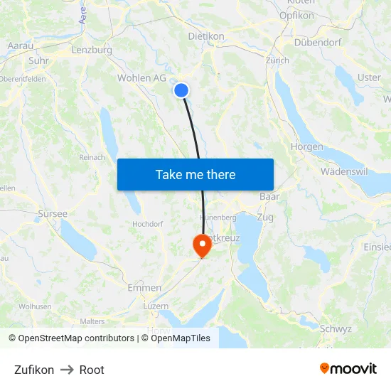Zufikon to Root map