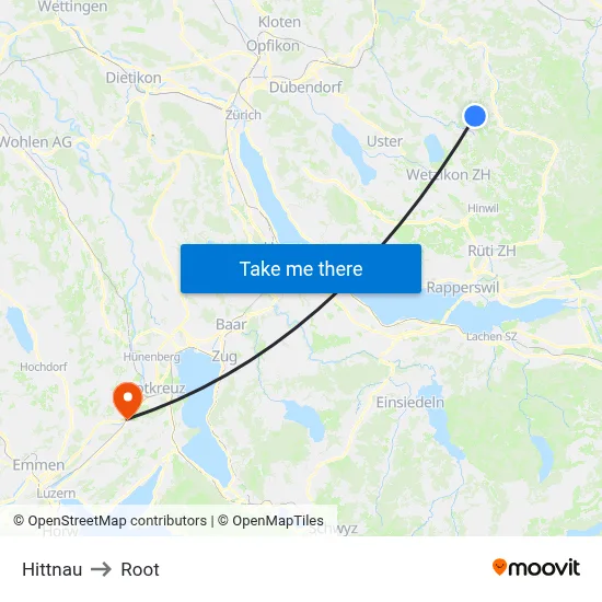 Hittnau to Root map