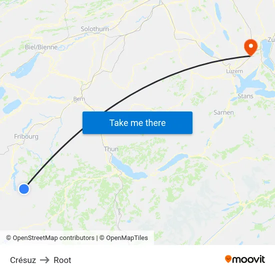 Crésuz to Root map