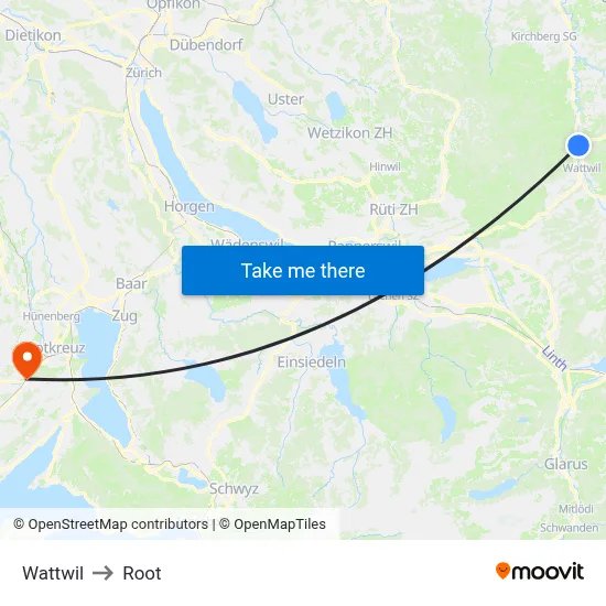 Wattwil to Root map