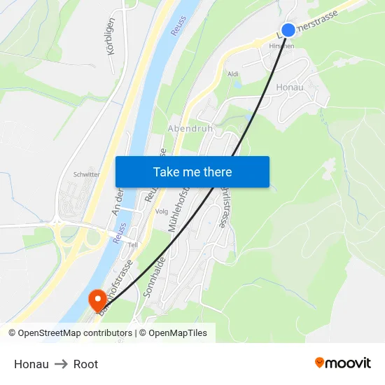 Honau to Root map