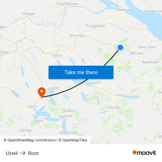 Uzwil to Root map