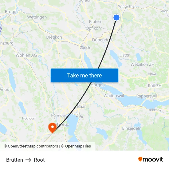 Brütten to Root map