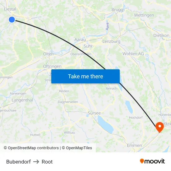 Bubendorf to Root map