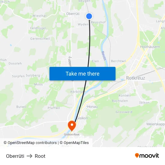 Oberrüti to Root map